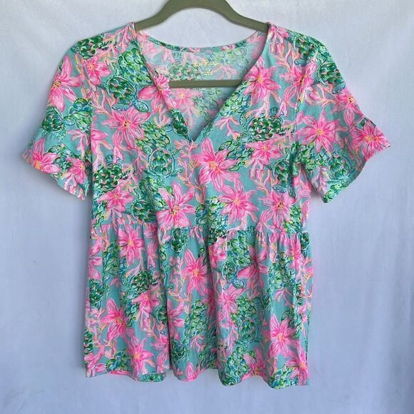 Lilly Pulitzer Jodee Ruffle Sleeve Swing Floral Top - Surf Blue So Shellegant XS - Picture 5 of 9
